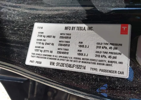 2018 Tesla Model 3 Long Range/Mid Range из США, поврежденный, VIN 5YJ3E1EA8JF152214